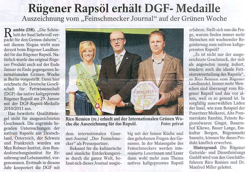 Rügener Rapsöl erhält DGF-Medaille