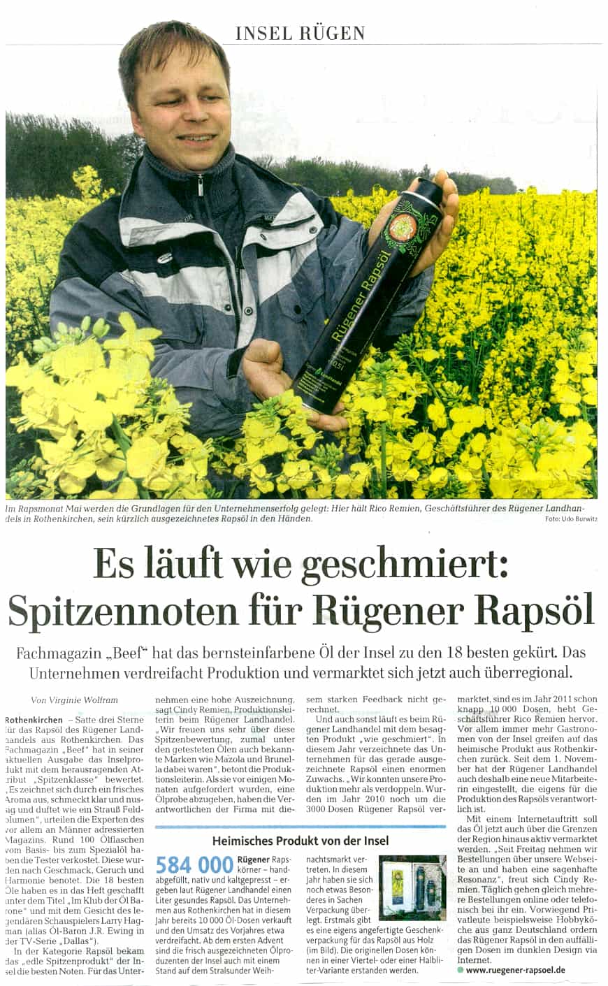 Spitzennoten für Rügener Rapsöl