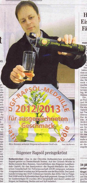 Rügener Rapsöl preisgekrönt Rügener Rapsöl preisgekrönt