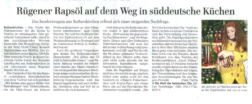 Rügener Rapsöl auf dem Weg in süddeutsche Küchen