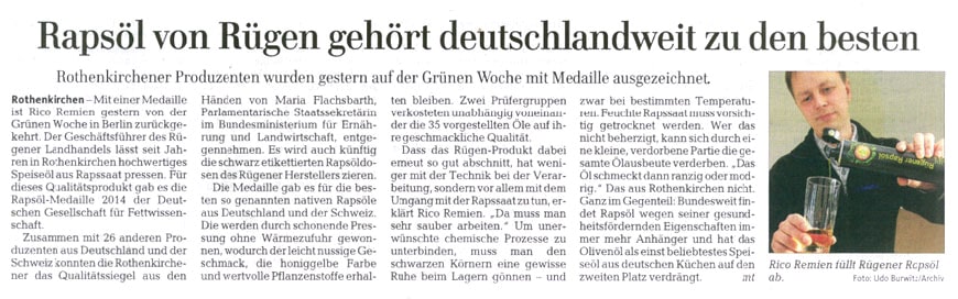 Rapsöl von Rügen gehört deutschlandweit zu den besten